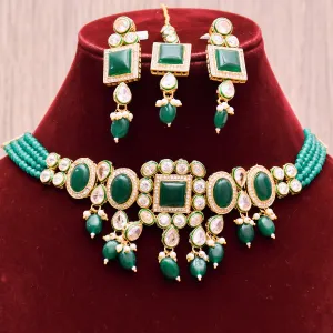 Designer Gold Plated Royal Kundan With Green Color Necklace & Earrings (D612)
