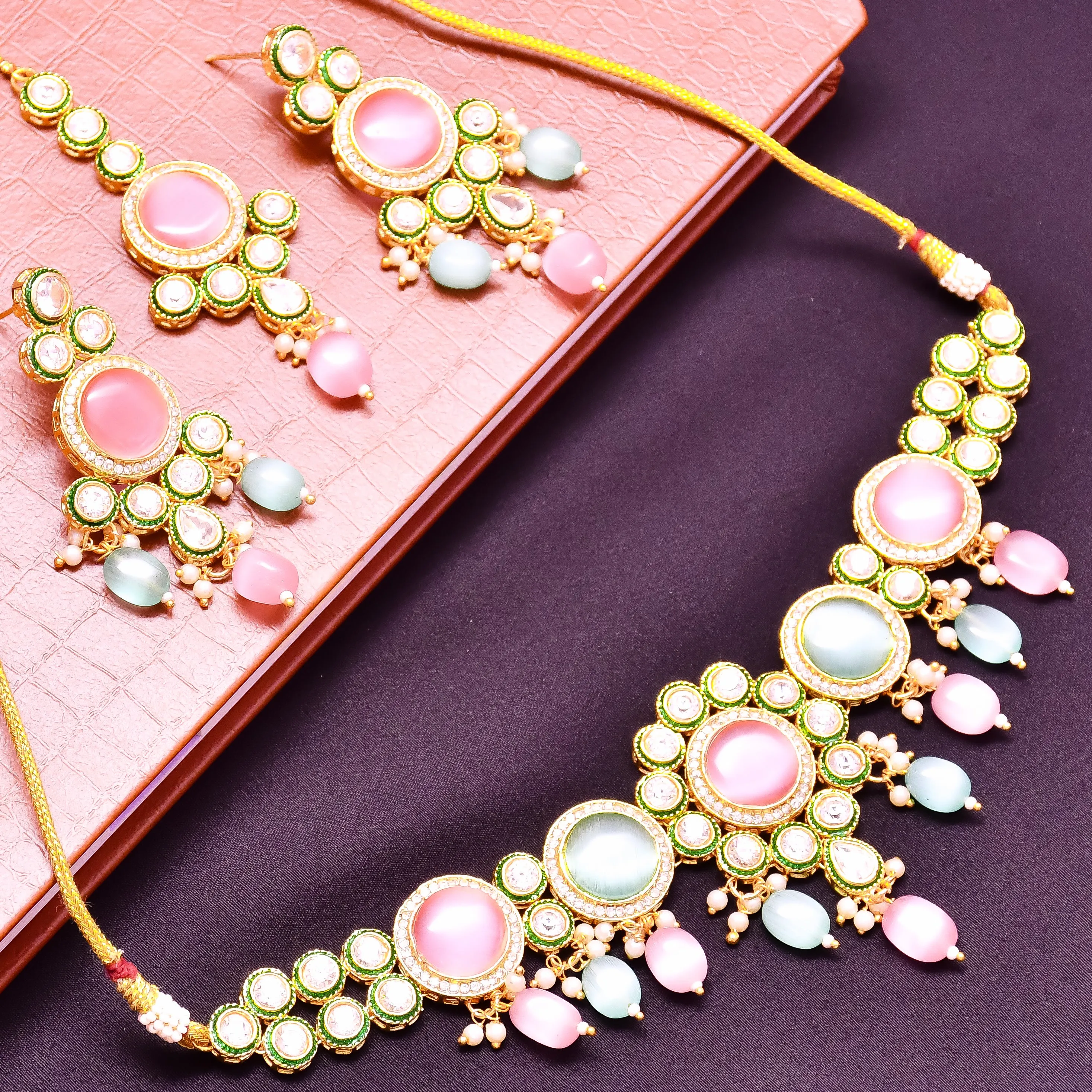 Designer Gold Plated Royal Kundan With Green Color Necklace & Earrings (D615)