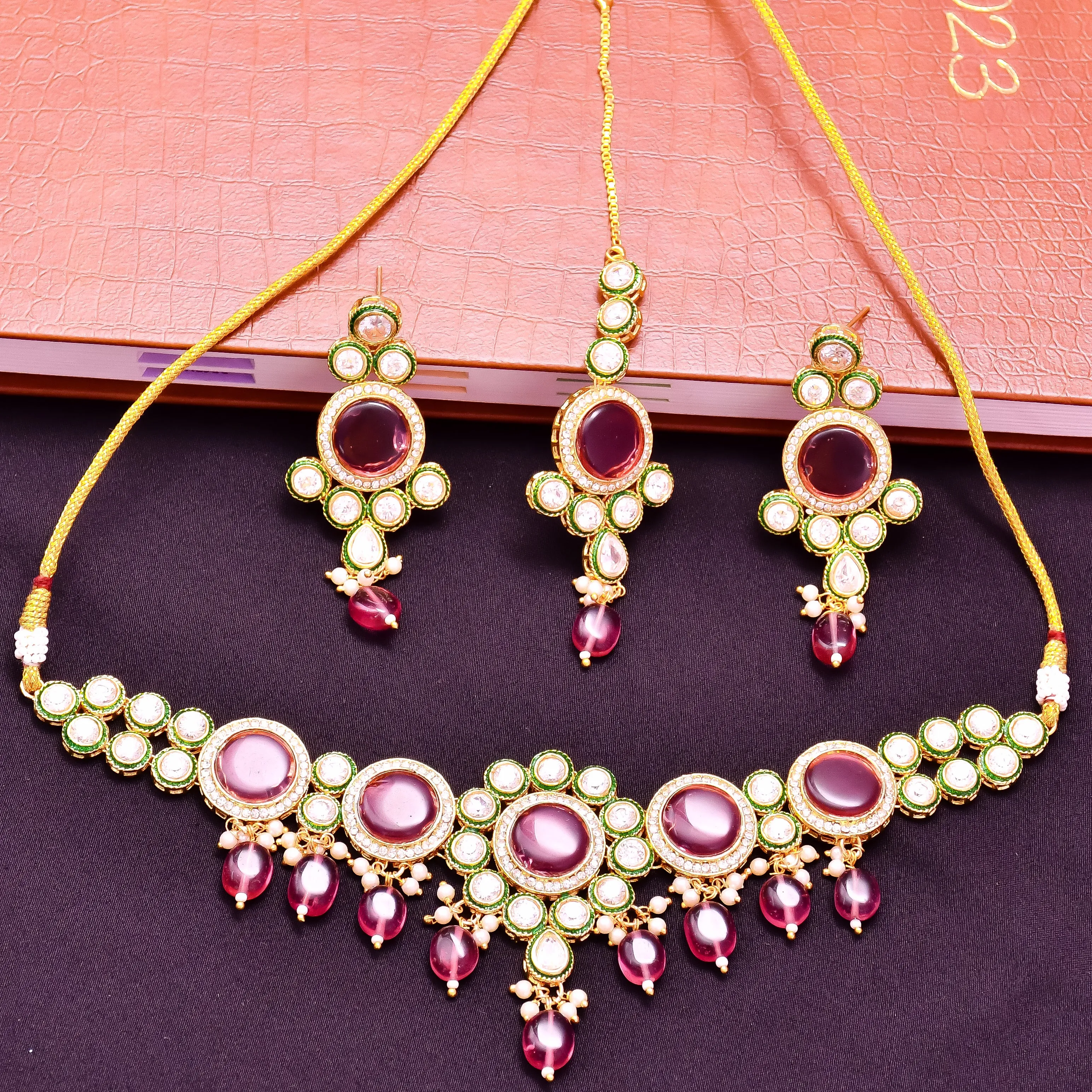 Designer Gold Plated Royal Kundan With Green Color Necklace & Earrings (D615)