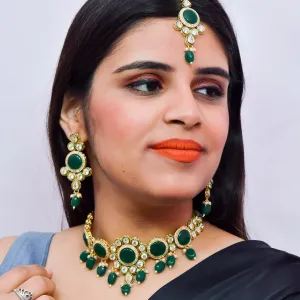 Designer Gold Plated Royal Kundan With Green Color Necklace & Earrings (D615)