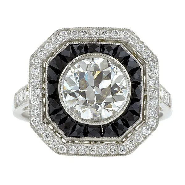 Diamond & Onyx Ring, Old Euro 1.95ct