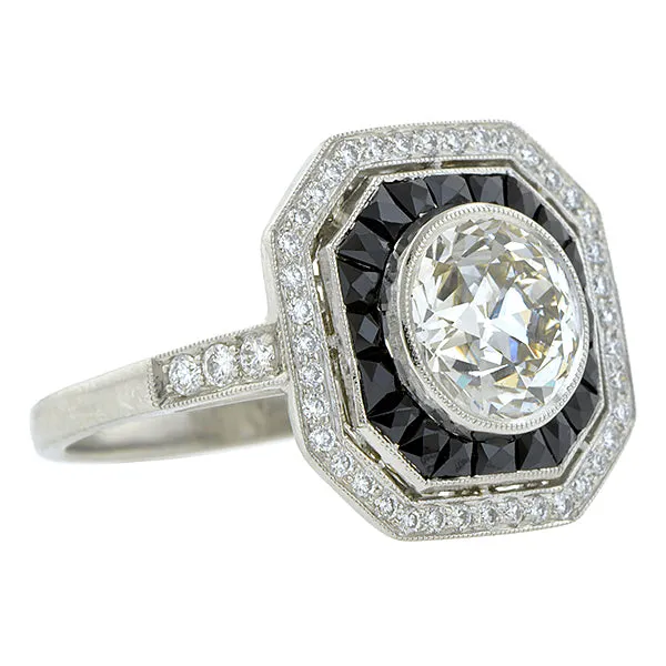 Diamond & Onyx Ring, Old Euro 1.95ct