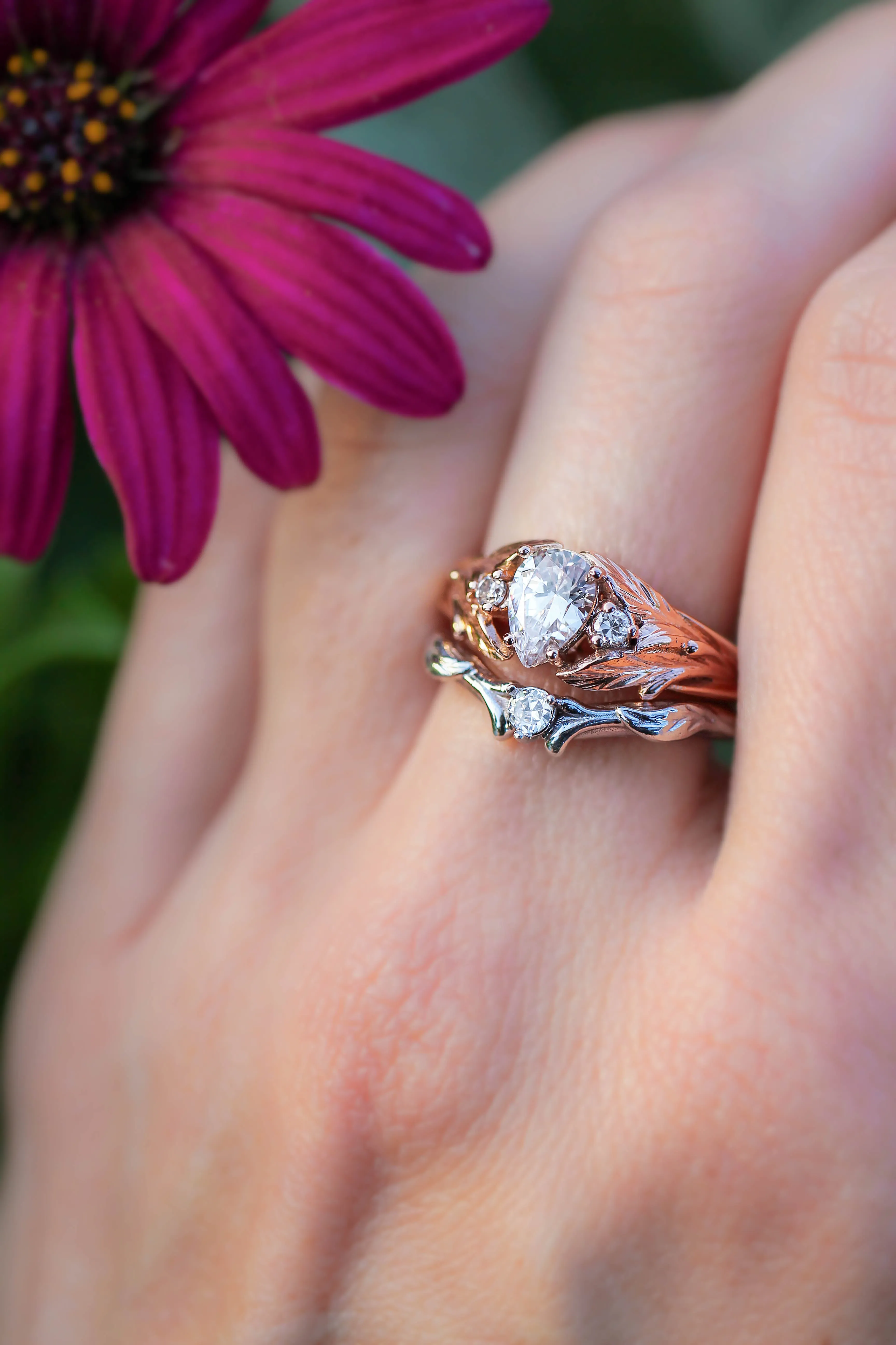 Diamond and leaves wedding band, matching ring for Wisteria