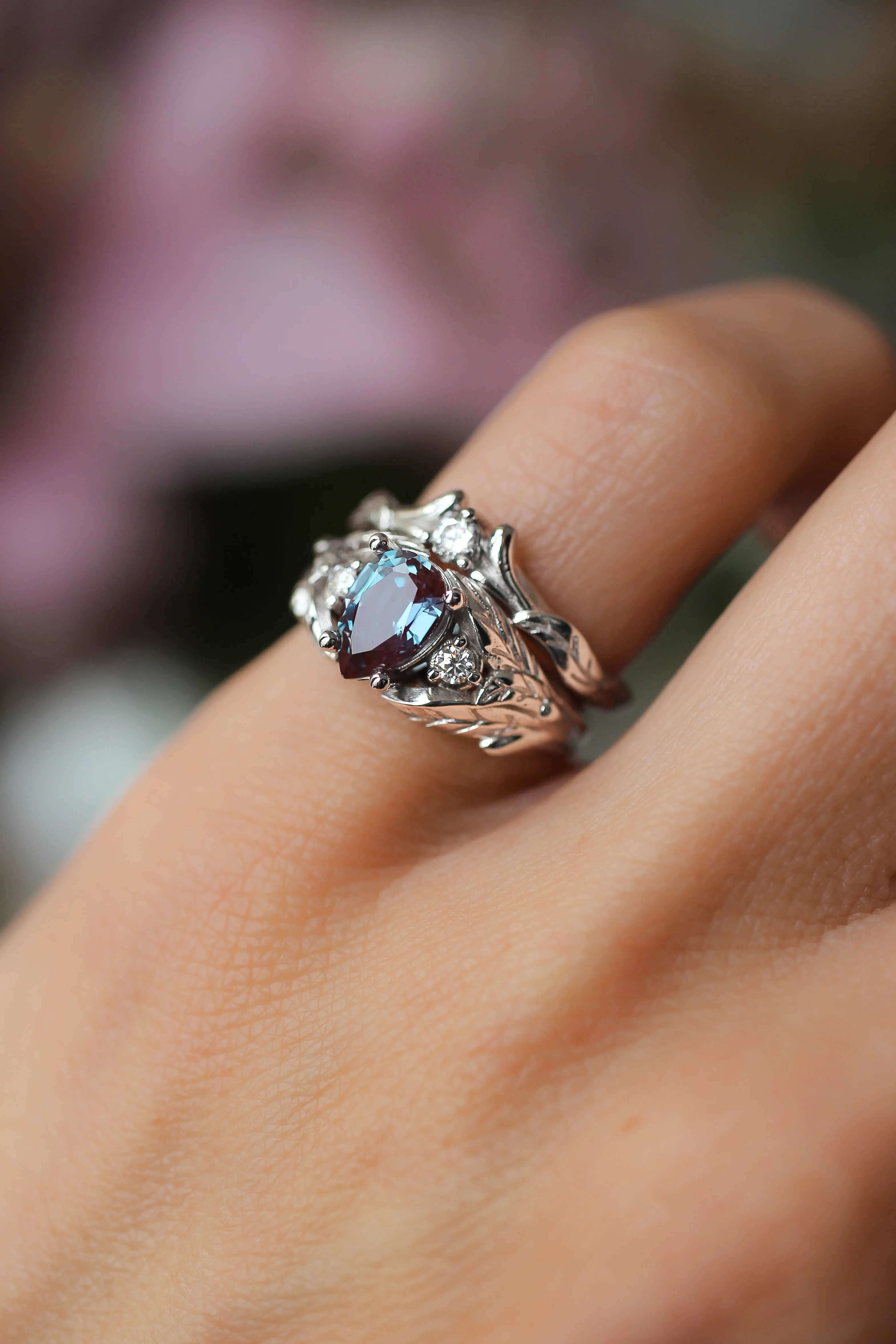 Diamond and leaves wedding band, matching ring for Wisteria