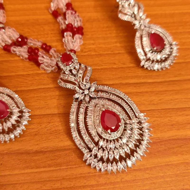 DIAMOND LOOK RUBY & CZ SILVER PLATED NECKLACE SET
