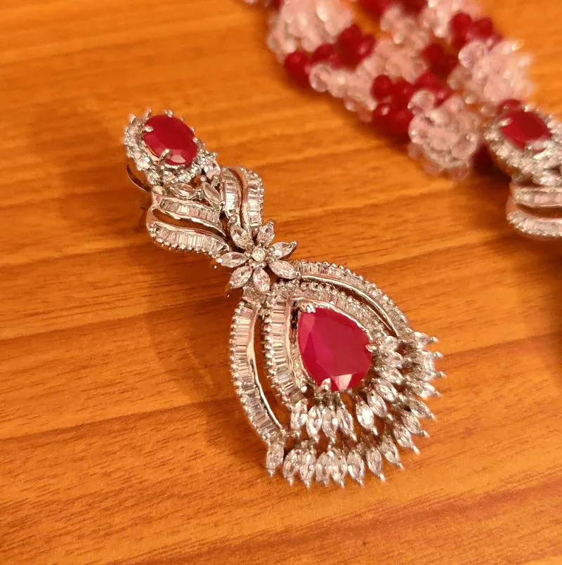 DIAMOND LOOK RUBY & CZ SILVER PLATED NECKLACE SET