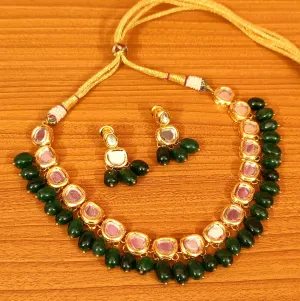 EMERALD LOOK ONYX BEADS UNCUT KUNDAN POLKI NECKLACE SET