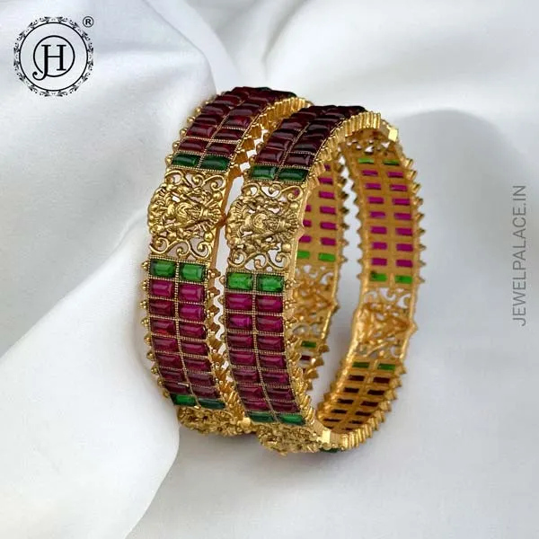 Exclusive Gold Plated Kemp Stone Temple Bangles JH5245