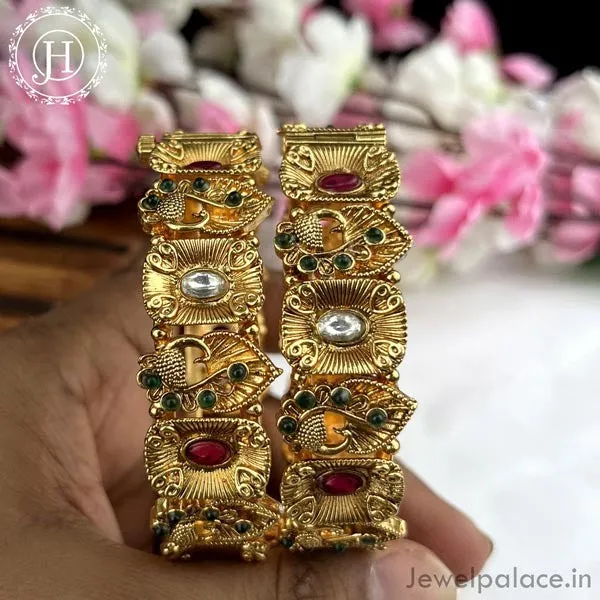 Exclusive Gold Plated Matte Finish Kemp Stone Temple Bangles JH4348