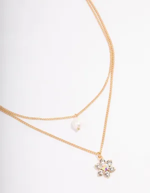 Gold Double Chain Pearl Flower Necklace