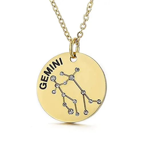 Gold Plated Constellation Pendant Necklace Horoscope Zodiac Sign Coin Charms with Adjustable