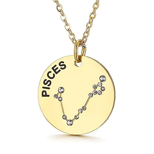 Gold Plated Constellation Pendant Necklace Horoscope Zodiac Sign Coin Charms with Adjustable