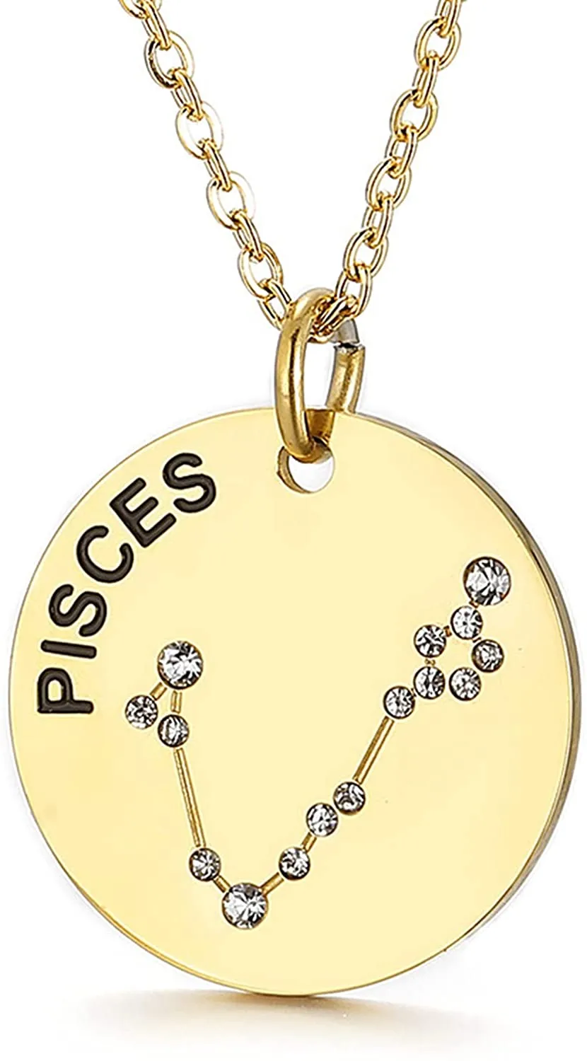 Gold Plated Constellation Pendant Necklace Horoscope Zodiac Sign Coin Charms with Adjustable