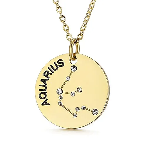 Gold Plated Constellation Pendant Necklace Horoscope Zodiac Sign Coin Charms with Adjustable