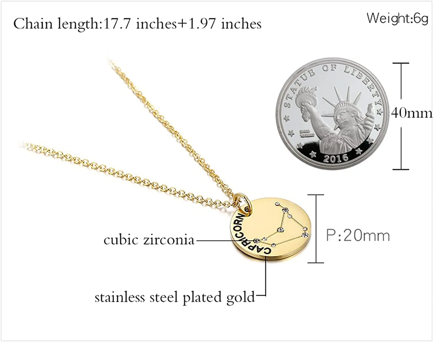 Gold Plated Constellation Pendant Necklace Horoscope Zodiac Sign Coin Charms with Adjustable