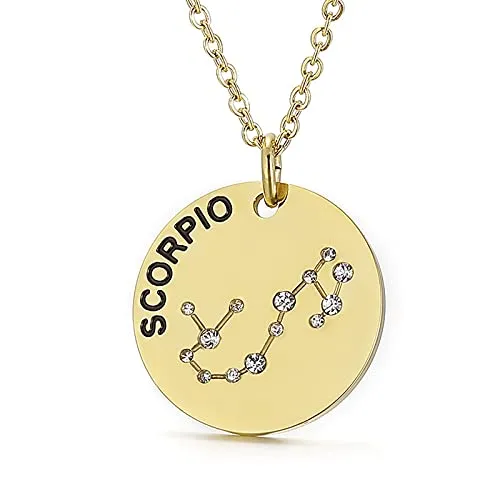 Gold Plated Constellation Pendant Necklace Horoscope Zodiac Sign Coin Charms with Adjustable