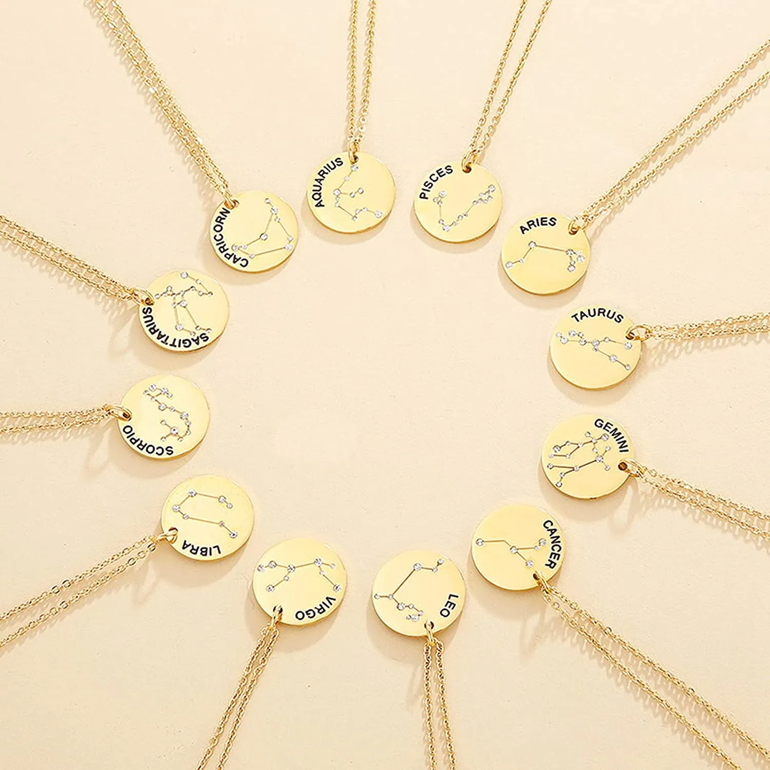 Gold Plated Constellation Pendant Necklace Horoscope Zodiac Sign Coin Charms with Adjustable