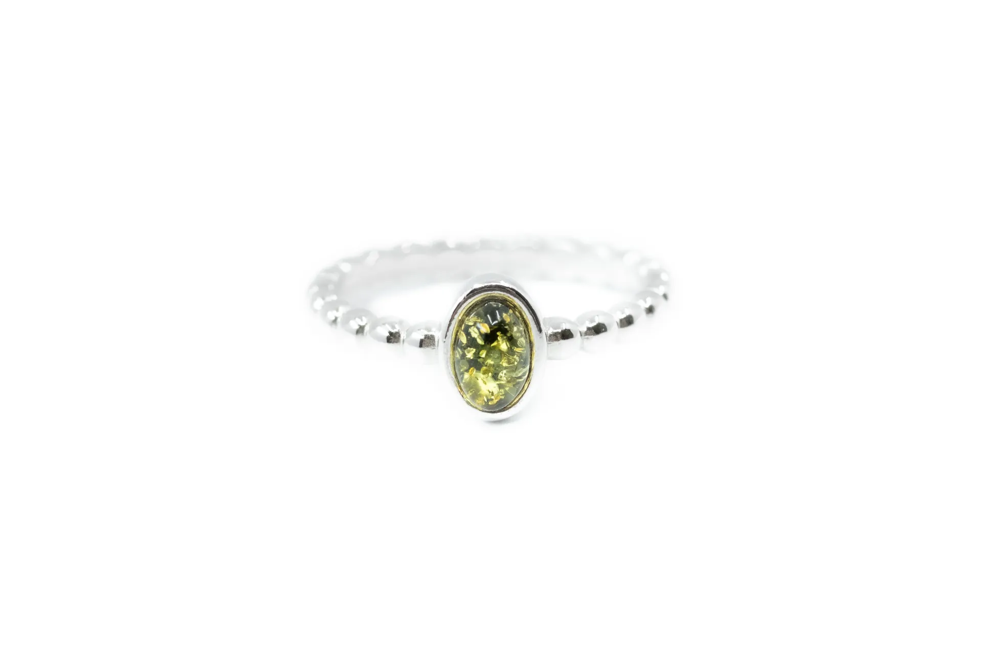 Green Amber Bubble Stacking Ring - Sterling Silver & Baltic Amber Jewelry