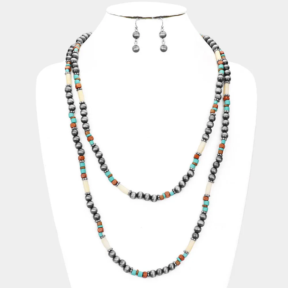 iLLASPARKZ Burnished Metal Ball Wood Beaded Double Layered Necklace