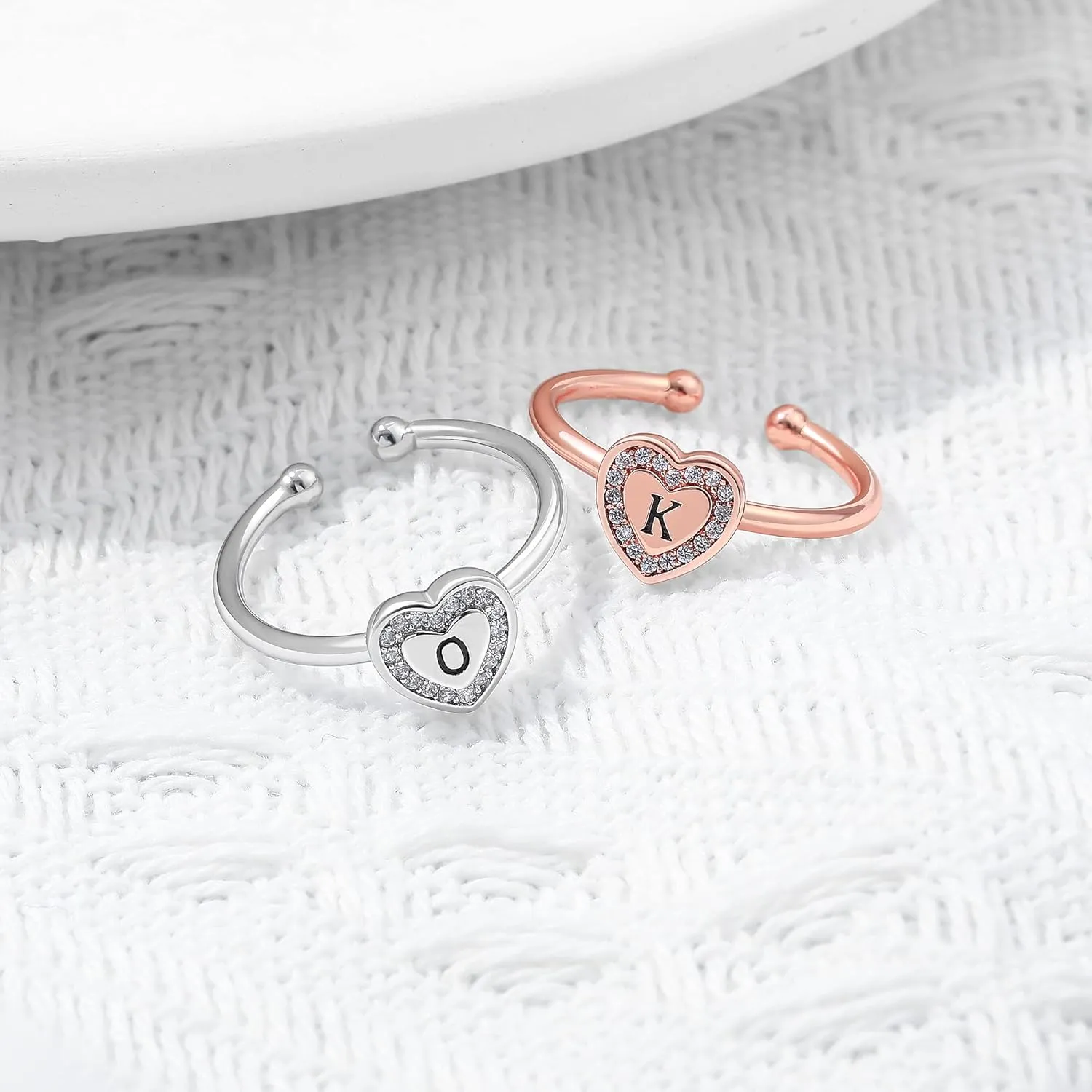 Initial Rings for Girls Teen Girls, White Gold/Rose Gold Plated Initial Rings for Teen Girls Heart Initial Rings for Girls Stackable Rings for Teen Girls Adjustable Rings for Girls Teen Girls Gifts