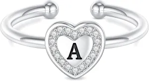 Initial Rings for Girls Teen Girls, White Gold/Rose Gold Plated Initial Rings for Teen Girls Heart Initial Rings for Girls Stackable Rings for Teen Girls Adjustable Rings for Girls Teen Girls Gifts