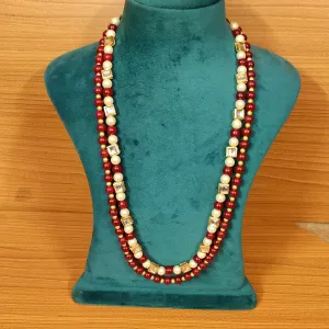 KUNDAN LOOK PEARL & RED BEADS NECKLACE