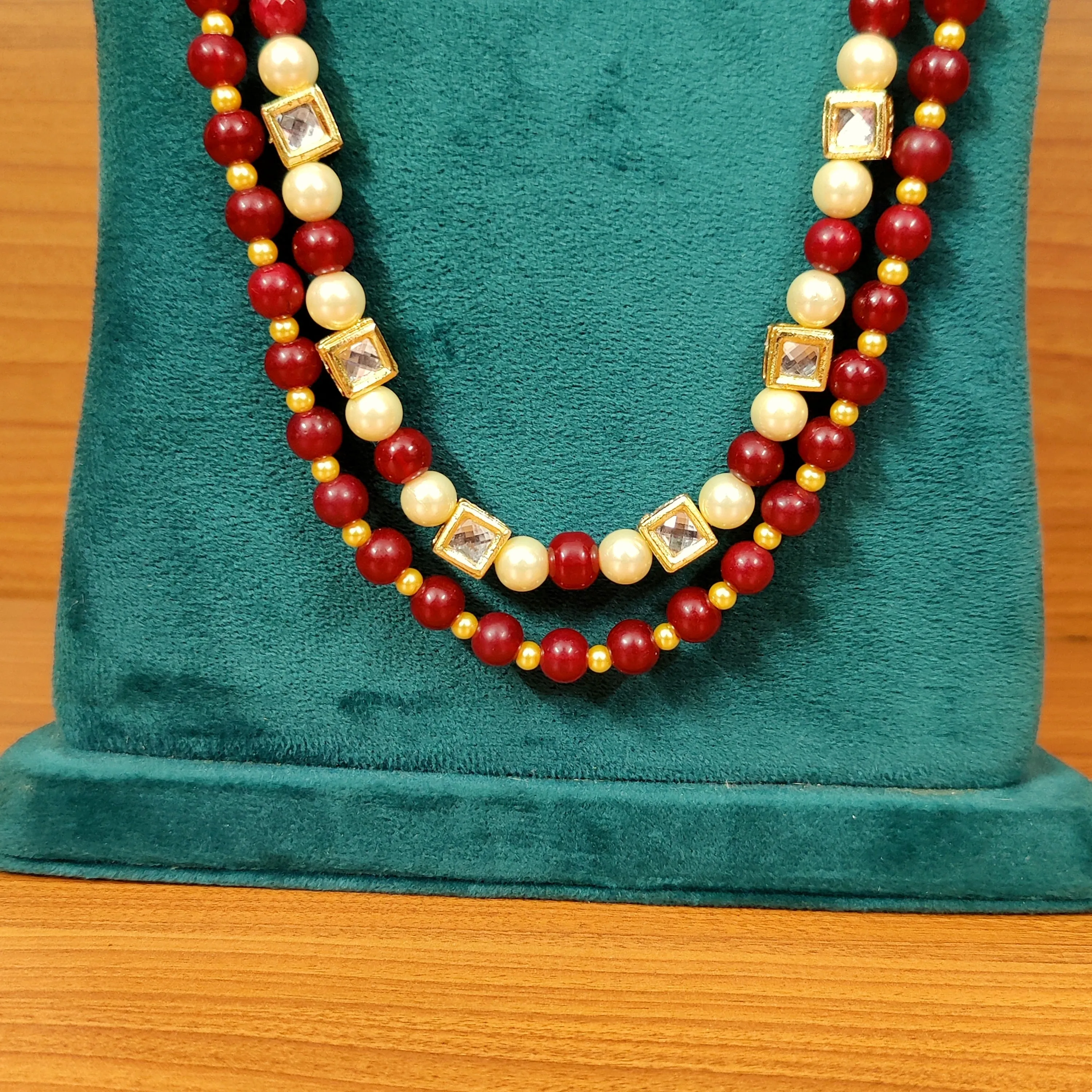KUNDAN LOOK PEARL & RED BEADS NECKLACE