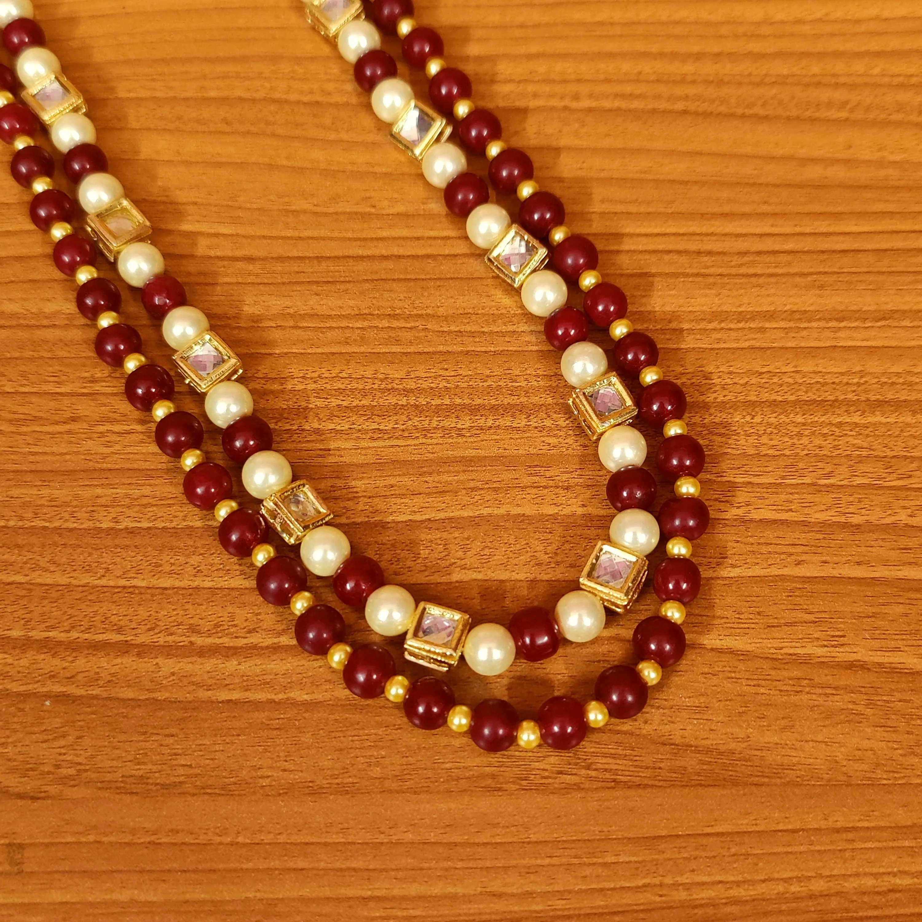 KUNDAN LOOK PEARL & RED BEADS NECKLACE