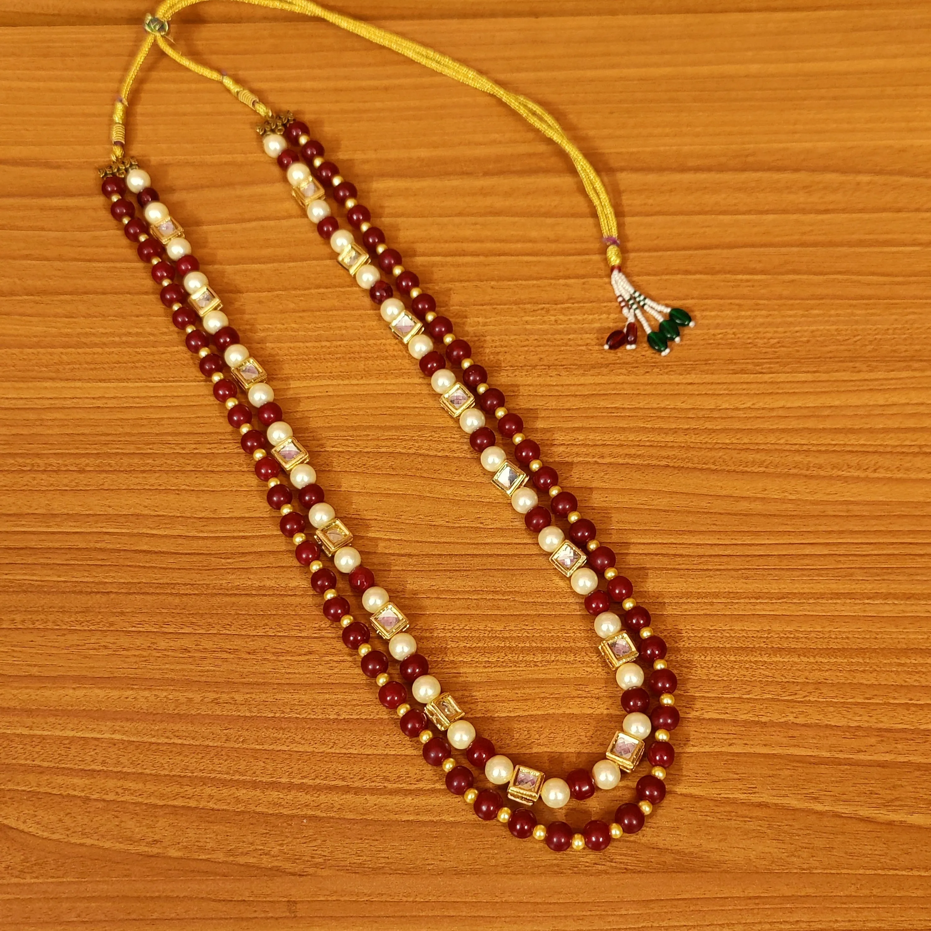 KUNDAN LOOK PEARL & RED BEADS NECKLACE