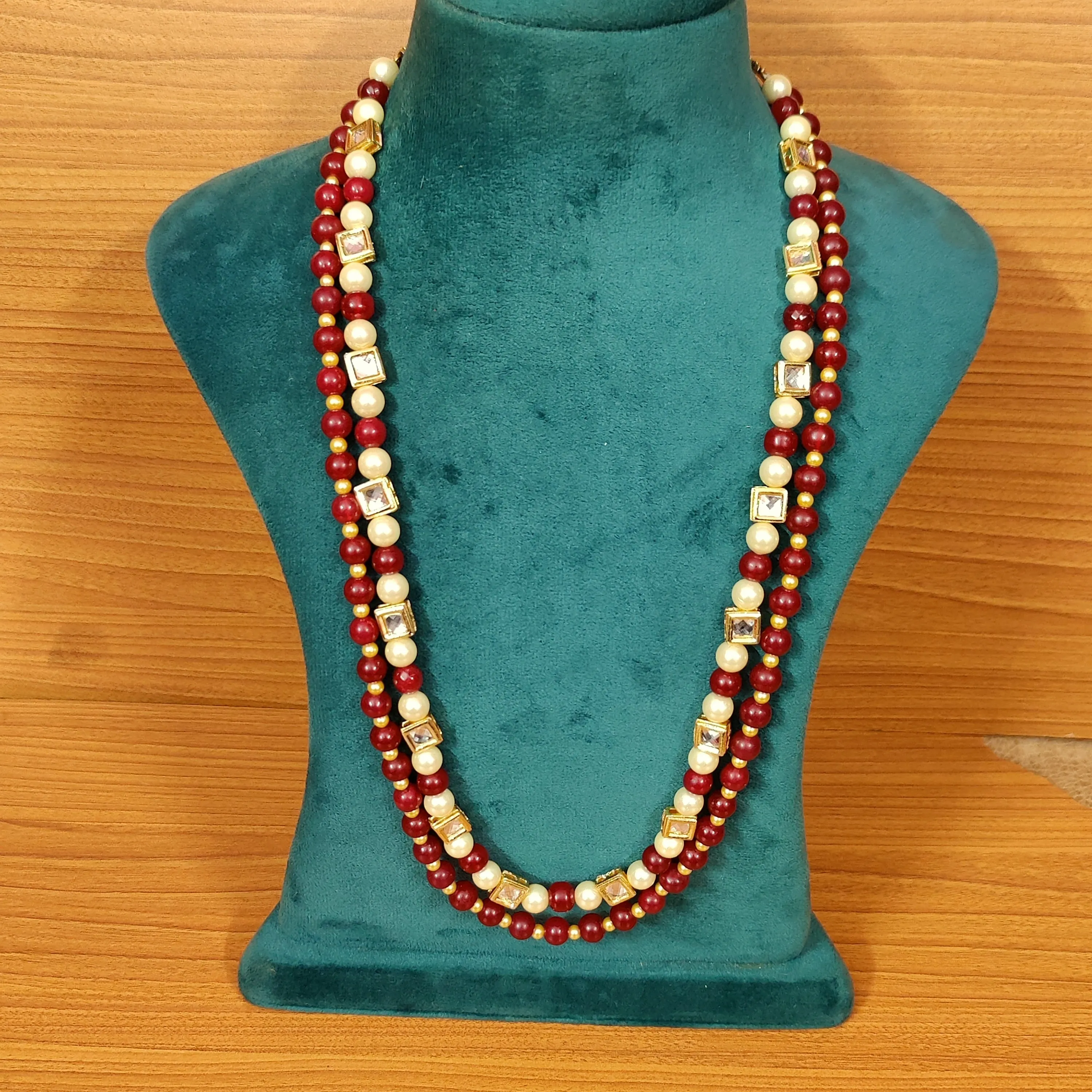 KUNDAN LOOK PEARL & RED BEADS NECKLACE