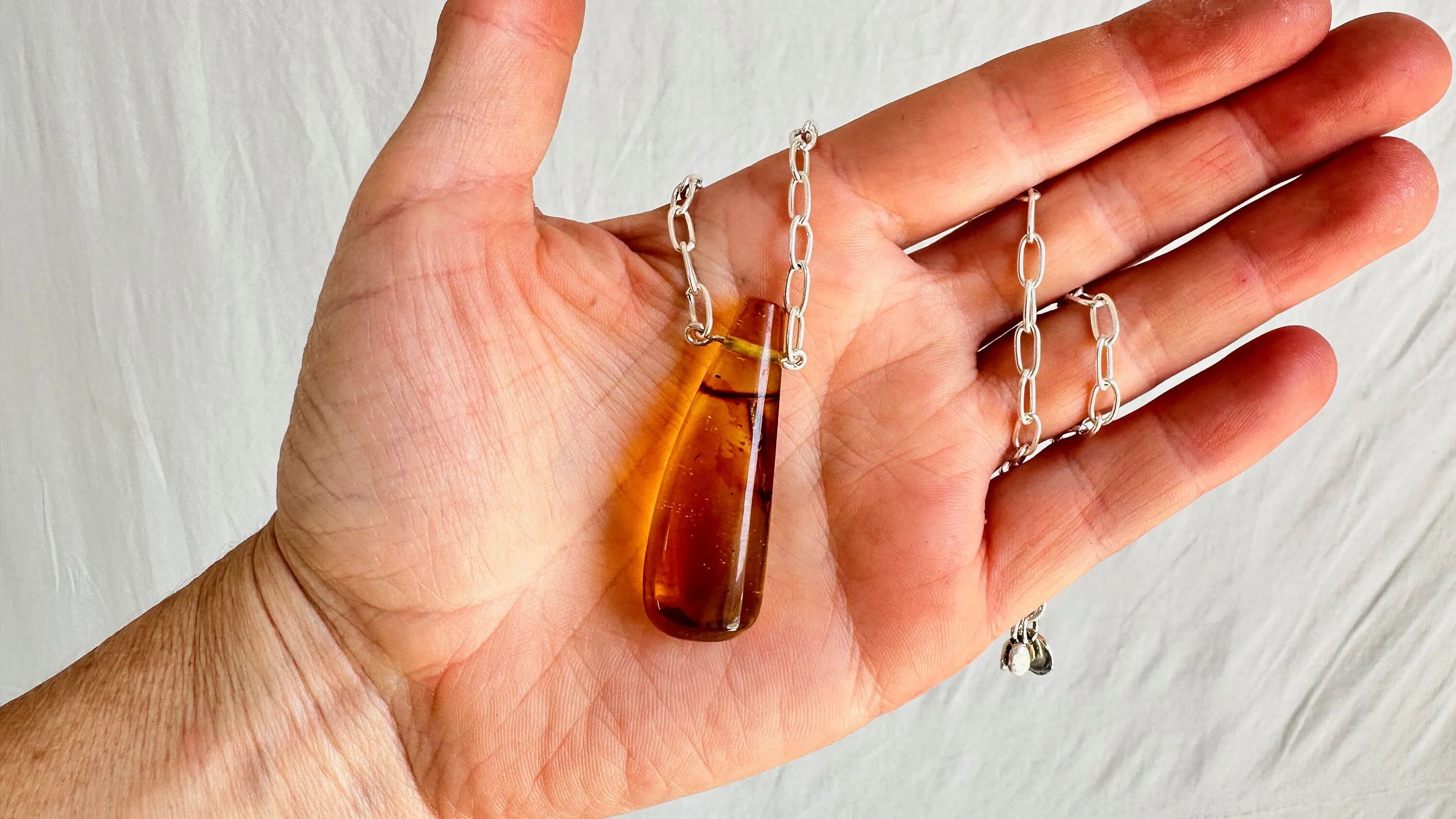 Large Amber Pendant on a Silver Chain. Sterling Silver. 1403