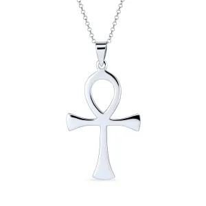 Large Key To Life Egyptian Ankh Cross Pendant Necklace Sterling Silver for Men