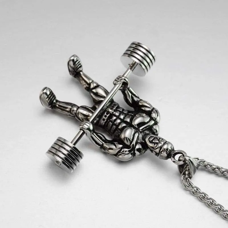 Men's Vintage Look Stainless Steel Weightlifter Gym Bodybuilder Barbell Pendant Necklace