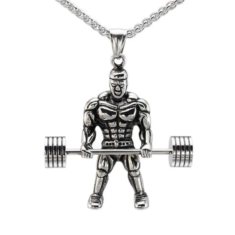 Men's Vintage Look Stainless Steel Weightlifter Gym Bodybuilder Barbell Pendant Necklace