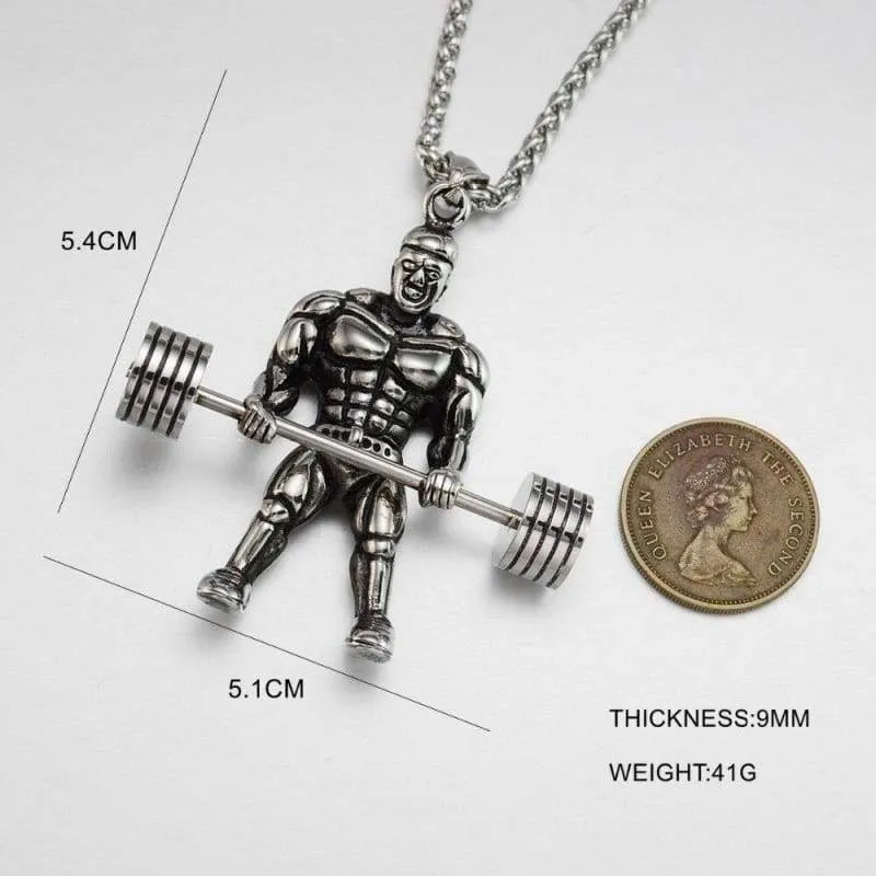 Men's Vintage Look Stainless Steel Weightlifter Gym Bodybuilder Barbell Pendant Necklace