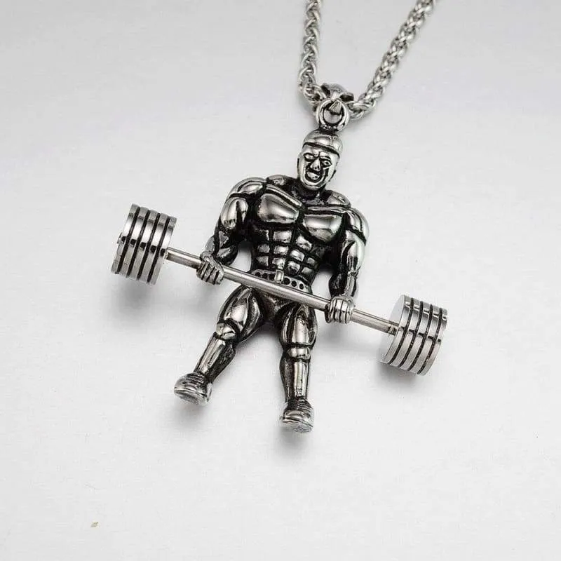 Men's Vintage Look Stainless Steel Weightlifter Gym Bodybuilder Barbell Pendant Necklace