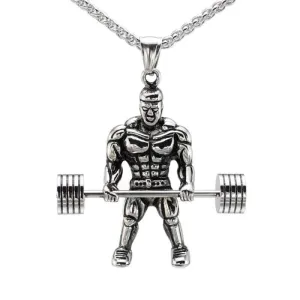Men's Vintage Look Stainless Steel Weightlifter Gym Bodybuilder Barbell Pendant Necklace