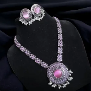 Niharika Silver Oxidized Necklace Set, Baby Pink