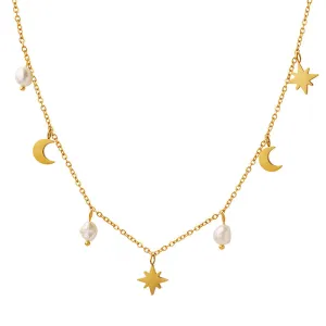 North Star Moon Pearl Necklace With Charms