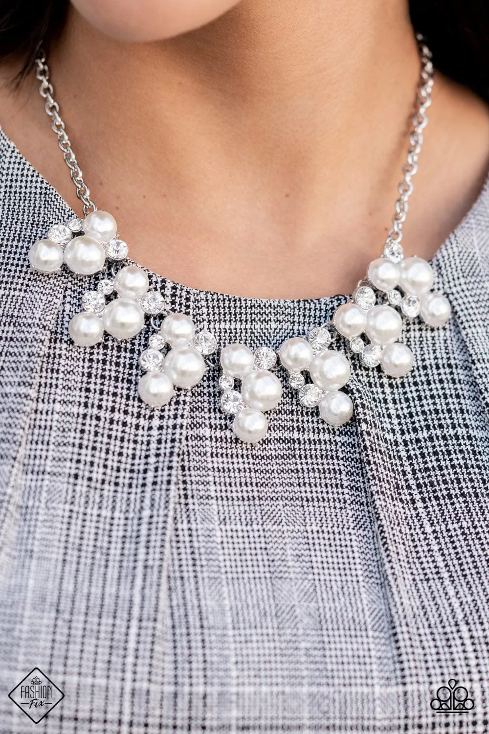 Renown Refinement - White Pearl and Rhinestone Necklace