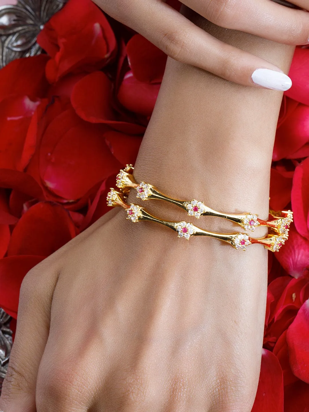 Rubans Set Of 2 Gold-Plated White Studded Handcrafted Bangles