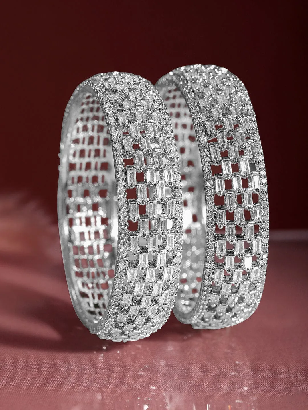 Rubans Silver-Toned Set Of 2 Cubic Zirconia Stone Studded Bangles