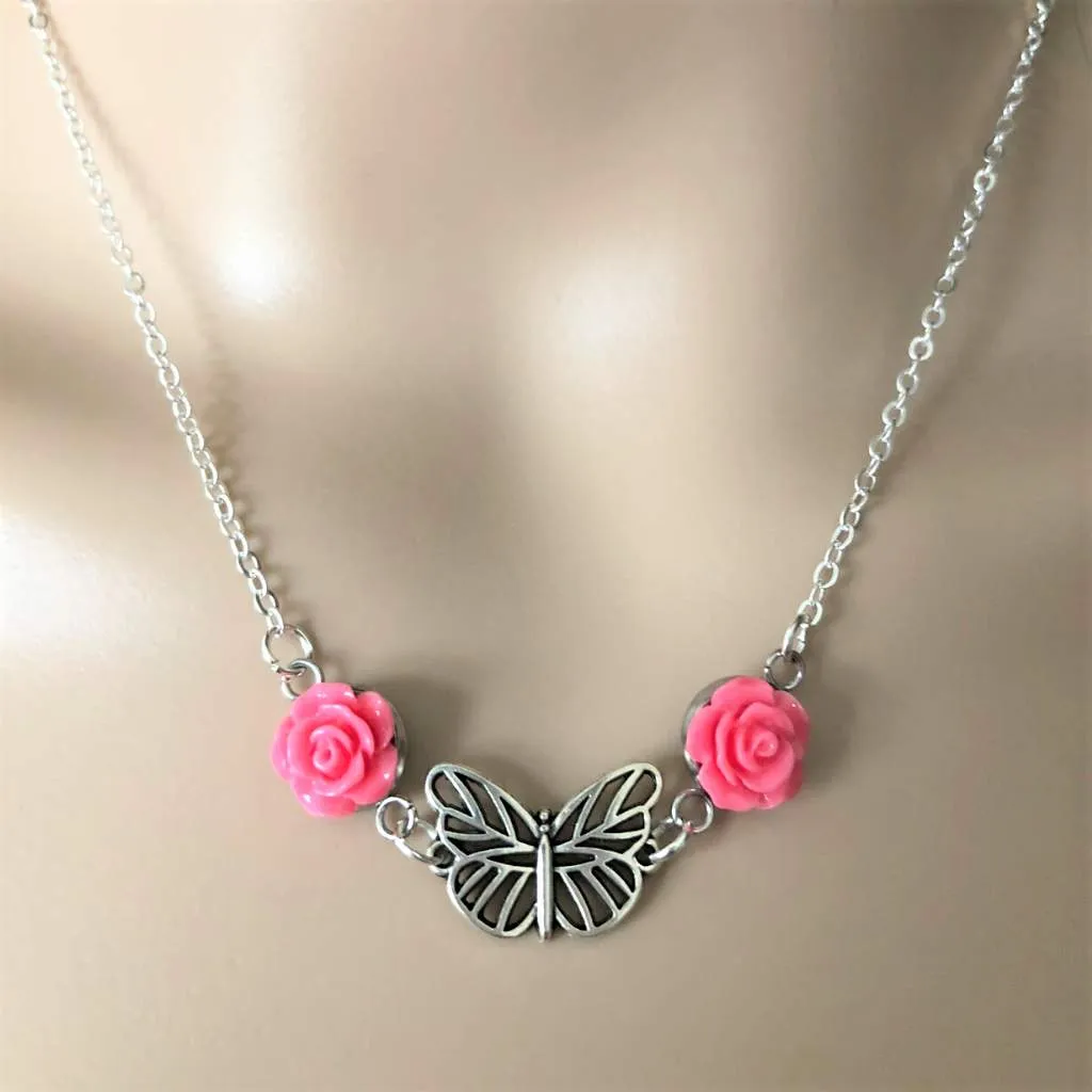 Silver Butterfly Necklace With Pink Roses
