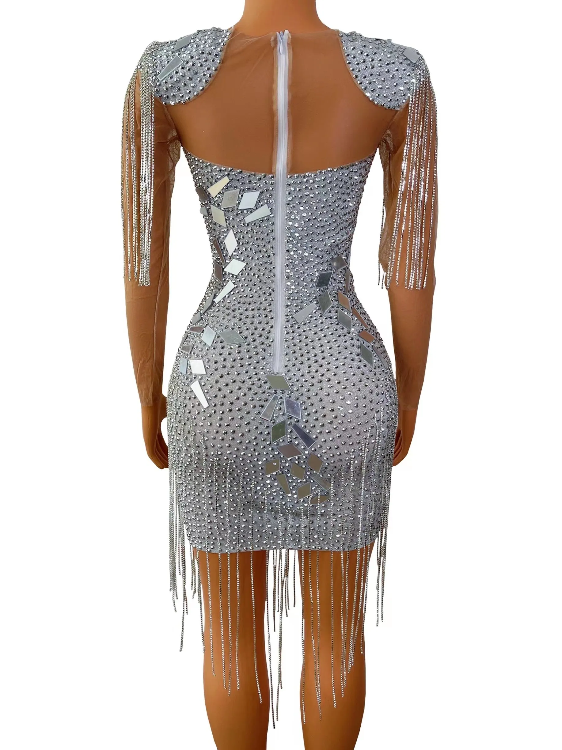 Silver Mirrors Crystals Chains Mesh Dress