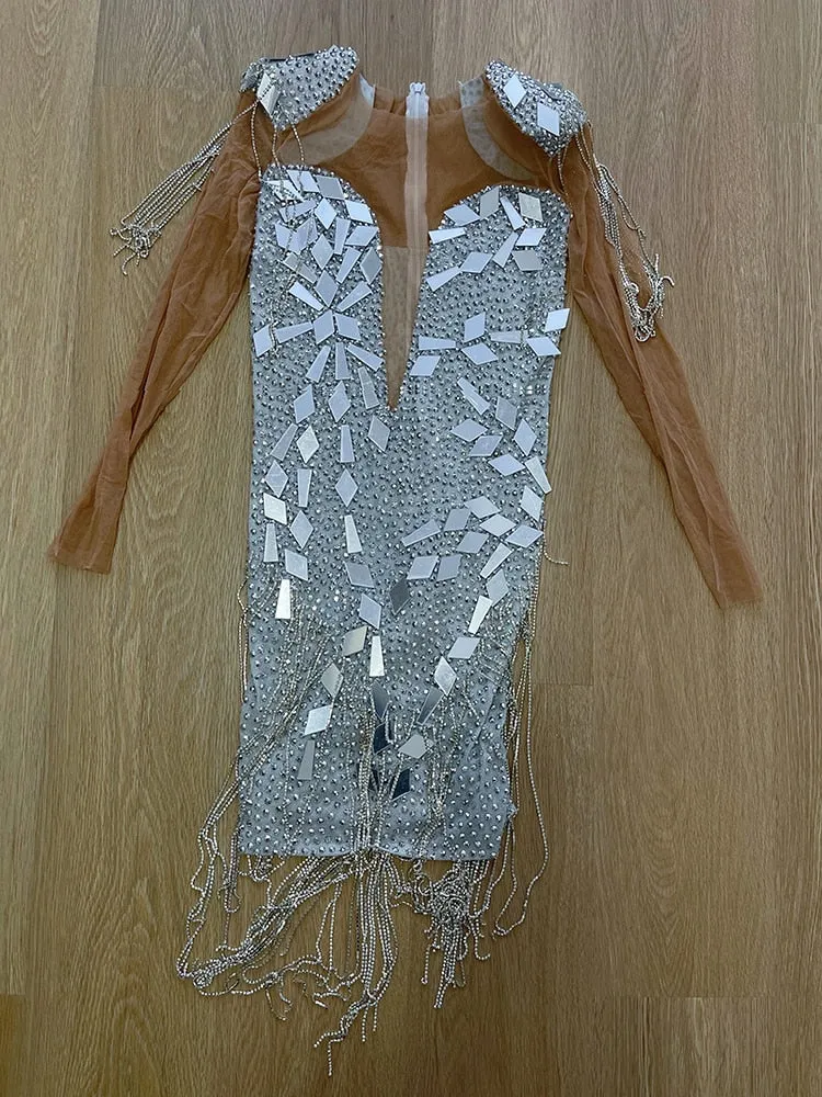 Silver Mirrors Crystals Chains Mesh Dress