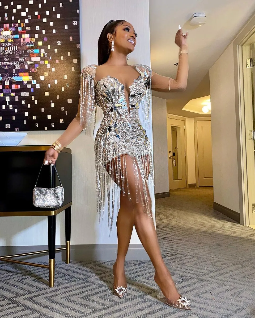 Silver Mirrors Crystals Chains Mesh Dress