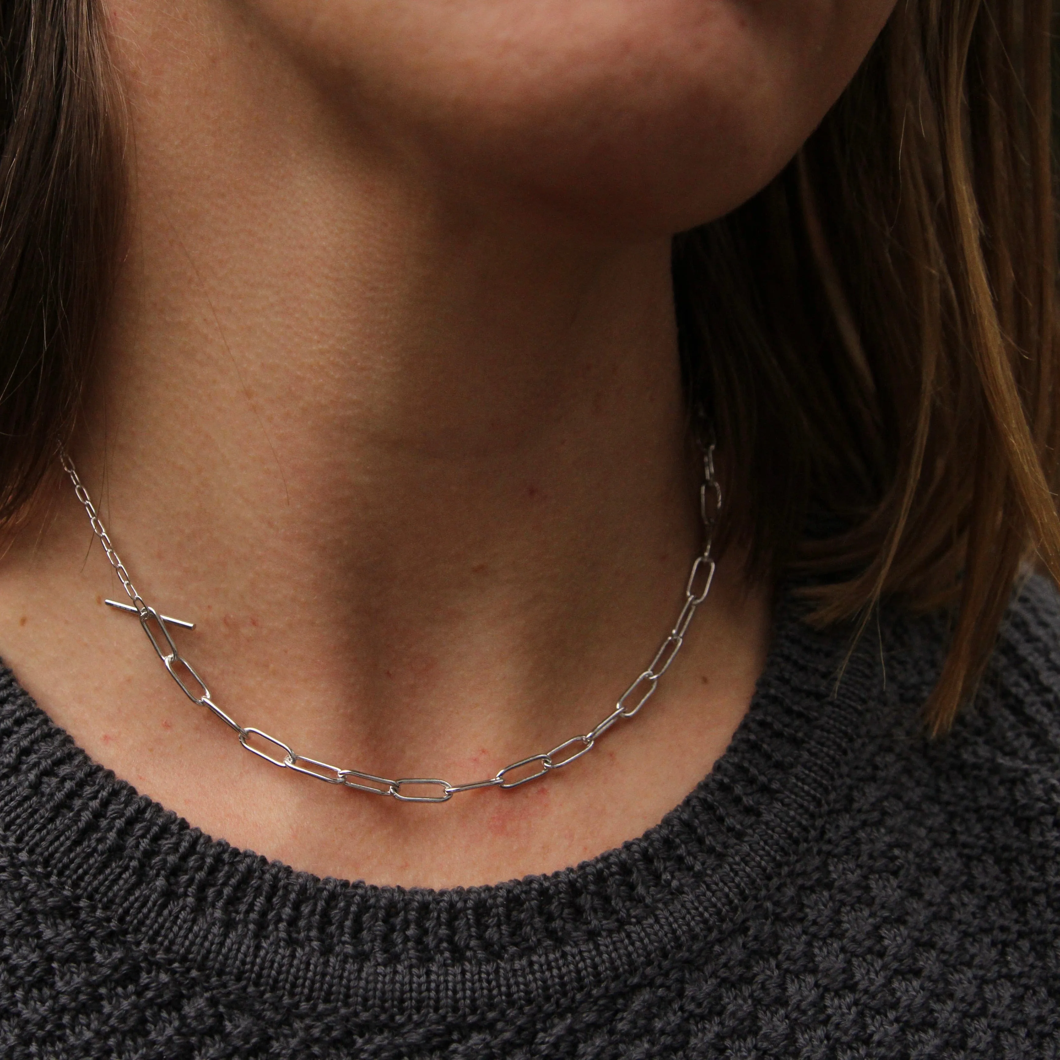Silver Mixed Link T-bar Necklace