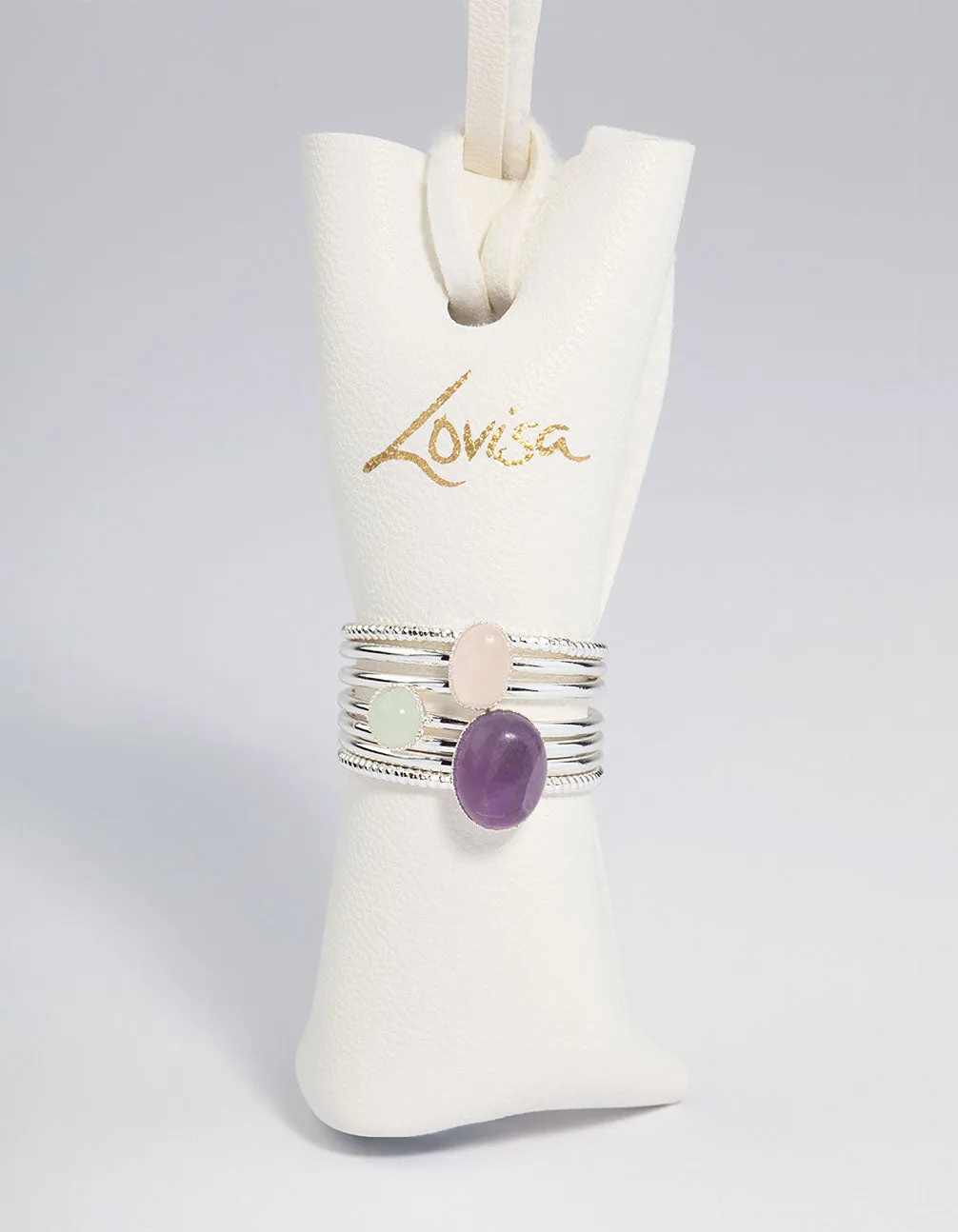Silver Plated Texture Oval Ring Stack