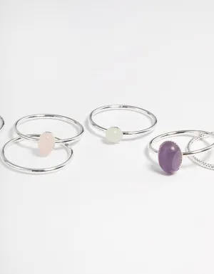 Silver Plated Texture Oval Ring Stack