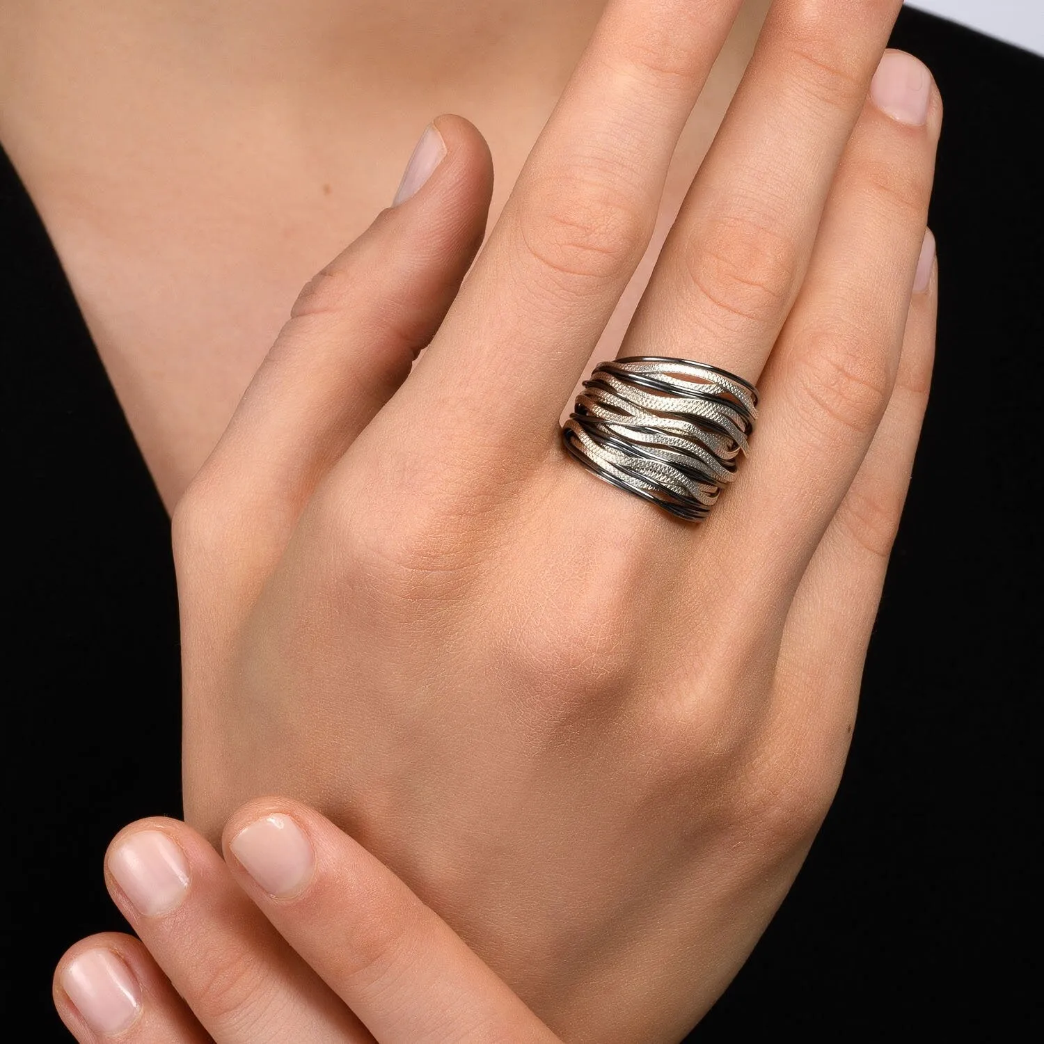 SPIRA Unique Handcrafted  Design 925 Sterling Silver wires Wrap Boho Ring Wide two tone ring